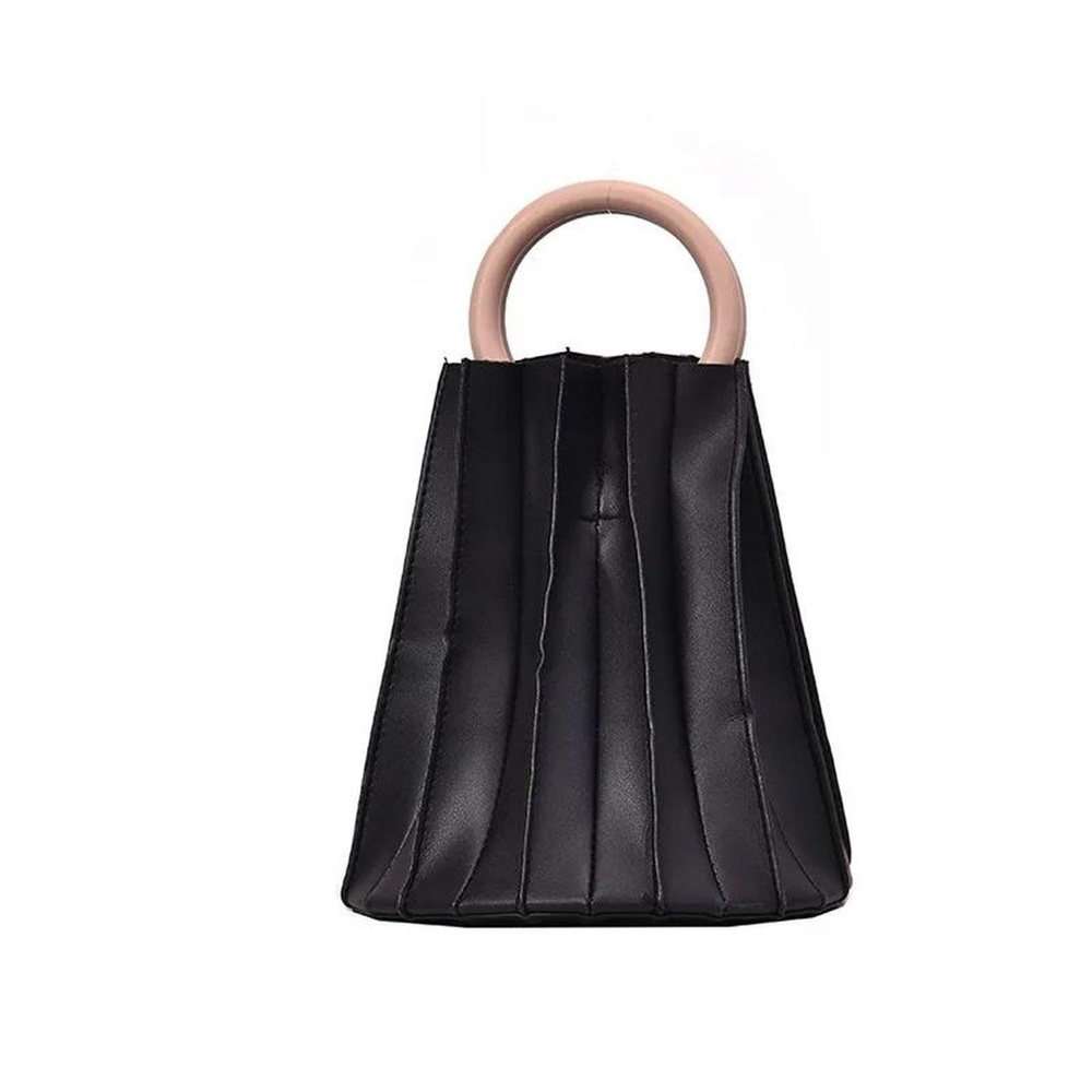 Black Pleated Leather Handbag with Wooden-looking Style Handle - Picture 5 of 5